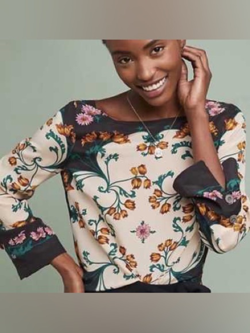 Anthropologie Maeve Floral Blouse in Cream, Black & Green 100% silk